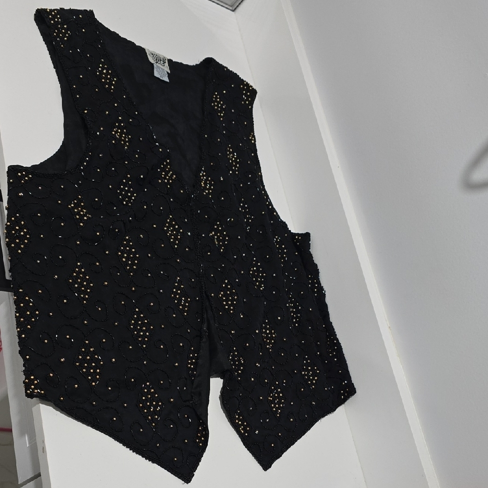 Vintage Black Beaded Vest with Gold Accents